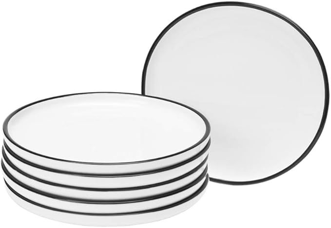 BonNoces 8 Inch Porcelain Lunch Plates, White with Black Edges Dessert Plate, Classic Round Servi... | Amazon (US)