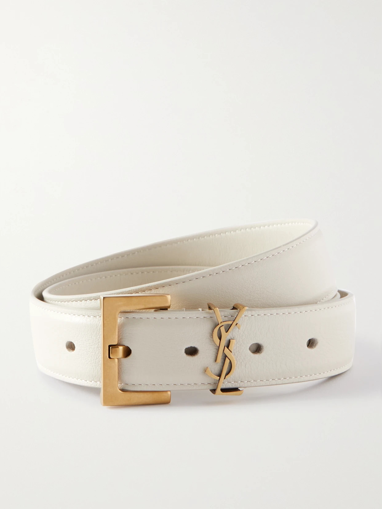 SAINT LAURENT - Cassandre Leather Belt - Cream | NET-A-PORTER (US)