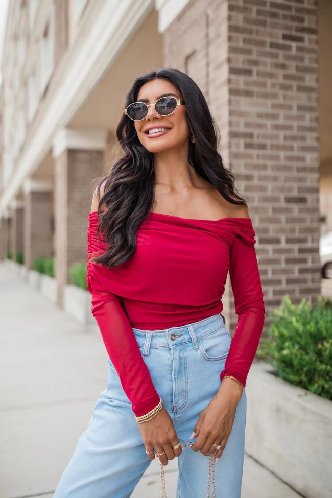 Forever Happy Red Mesh Overlay Off The Shoulder Top | Pink Lily