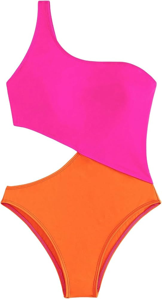 Milumia Women's Color Block Cut Out Asymmetrical Neck One Piece Swimsuits | Amazon (US)