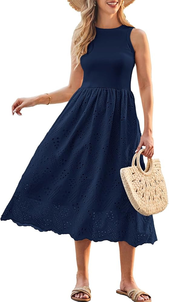 GRACE KARIN Women's Summer Sleeveless Tank Dress A Line Midi Dress Eyelet Crewneck Casual Holiday... | Amazon (US)