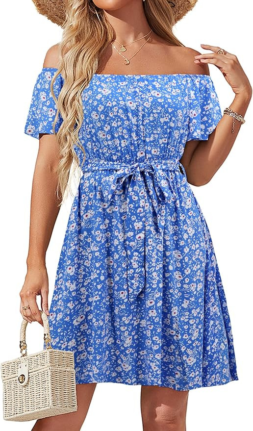 JECEIKA Womens Off Shoulder Ruffle Floral Summer Wedding Guest Dresses A Line Shift Short Skater ... | Amazon (US)