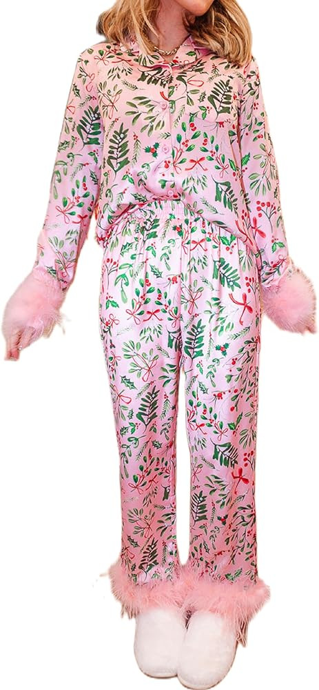 NUFIWI Women Heart Print Pajamas Long Sleeve Feather Trim Pj Set Button Down Shirt Pajama Pants M... | Amazon (US)