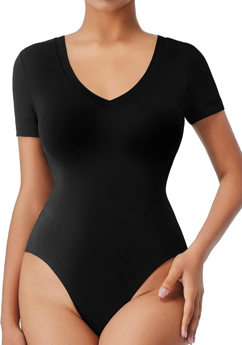 ALGALAROUND Women's V Neck Short Sleeve Bodysuit Double Lined Basic T Shirts Body Suits | Amazon (US)