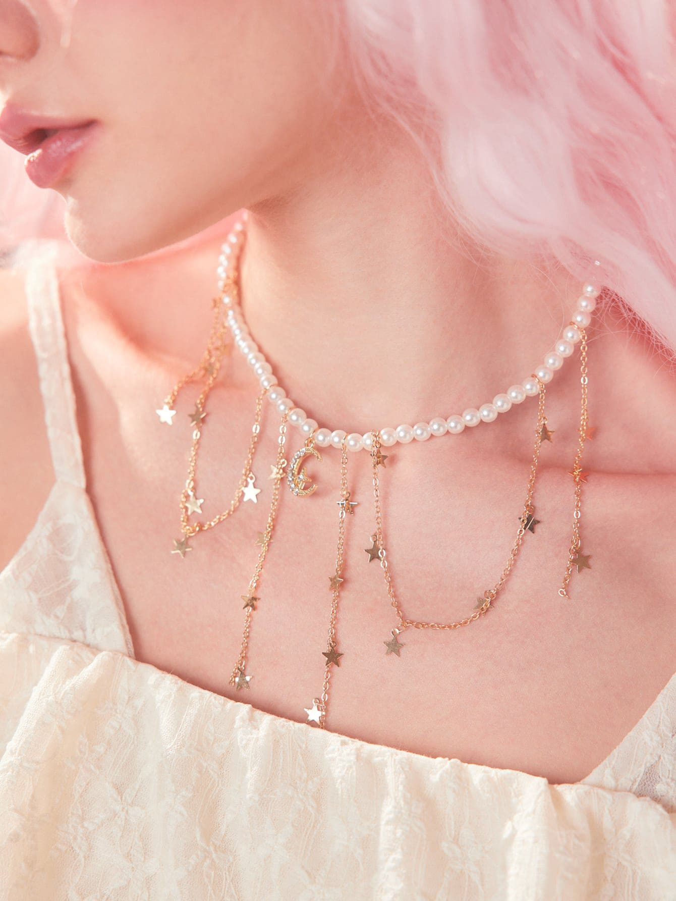 ROMWE Sweetness Faux Pearl Decor Moon & Star Charm Beaded Necklace SKU: rj2211213345797471(15 Rev... | SHEIN