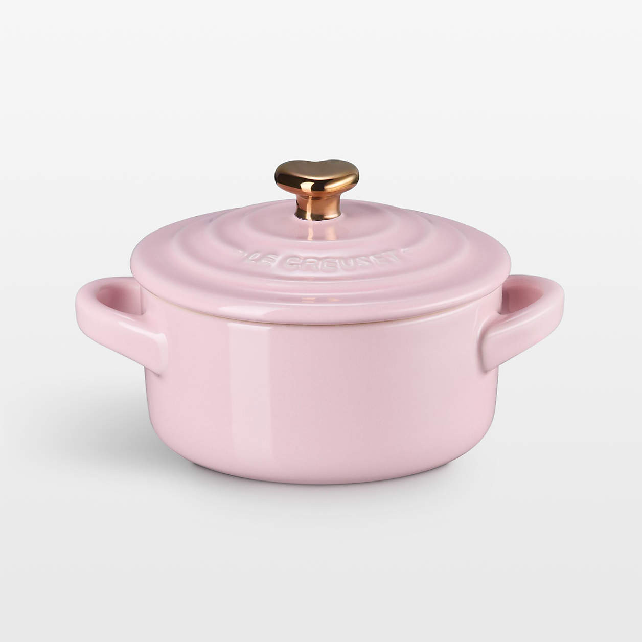 Le Creuset 8-oz Chiffon Pink Mini Cocotte with Gold Heart Knob + Reviews | Crate & Barrel | Crate & Barrel