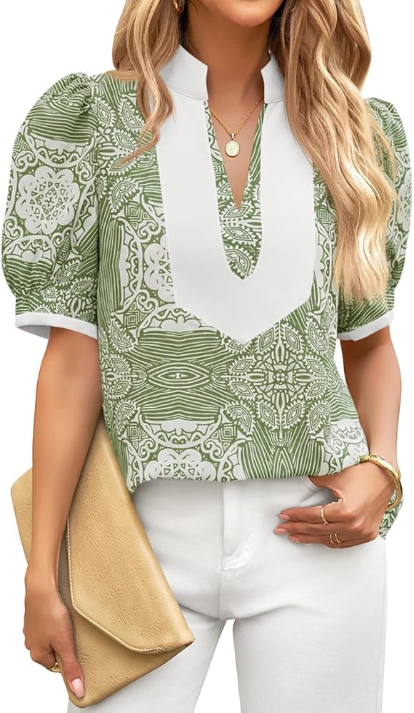 Cicy Bell Womens Floral Short Puff Sleeve Tops V Neck Patchwork Boho Summer Vacation Casual Blouses | Amazon (US)