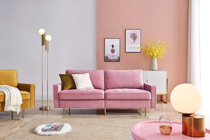 Pink Velvet Fabric Sofa Couch,JULYFOX 71 inch Wide Mid Century Modern Living Room Couch 700lb Hea... | Amazon (US)