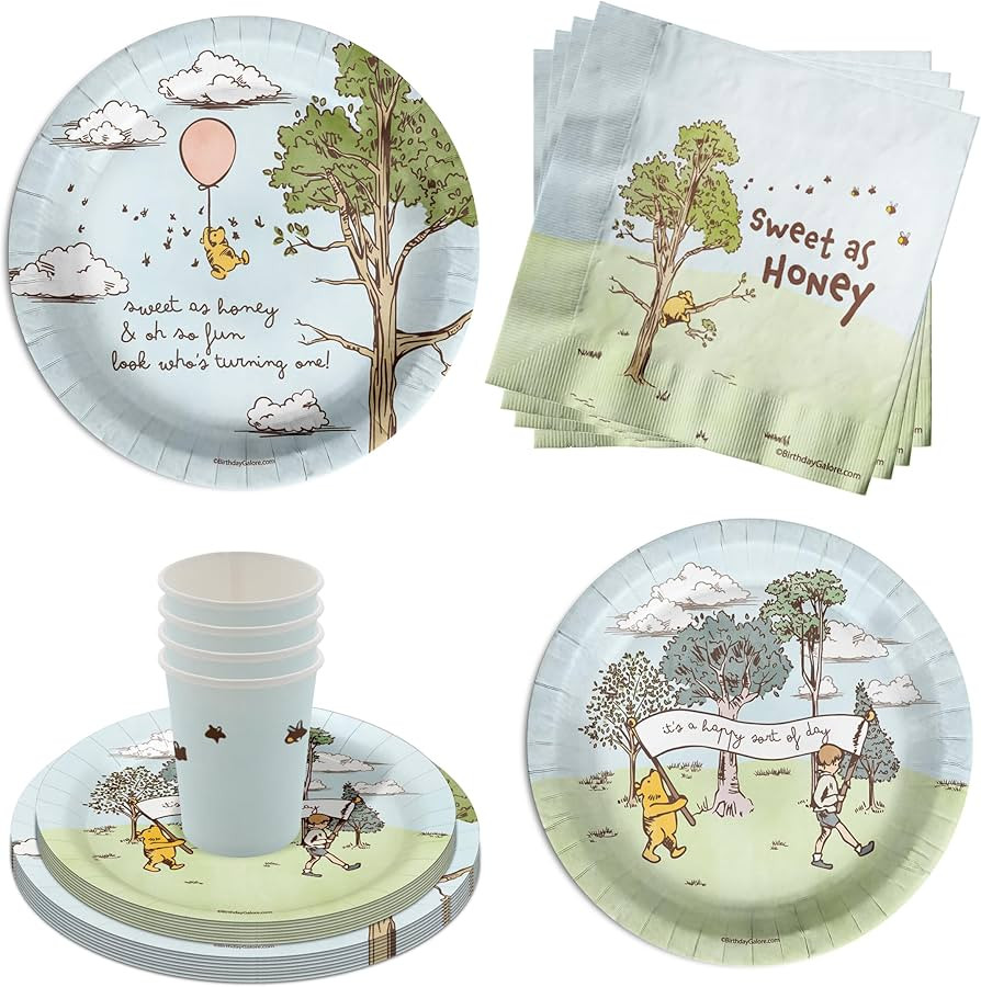 Winnie the Pooh Bear 1st Birthday Party Supplies - 64 Piece First Birthday Tableware Set Includes... | Amazon (US)