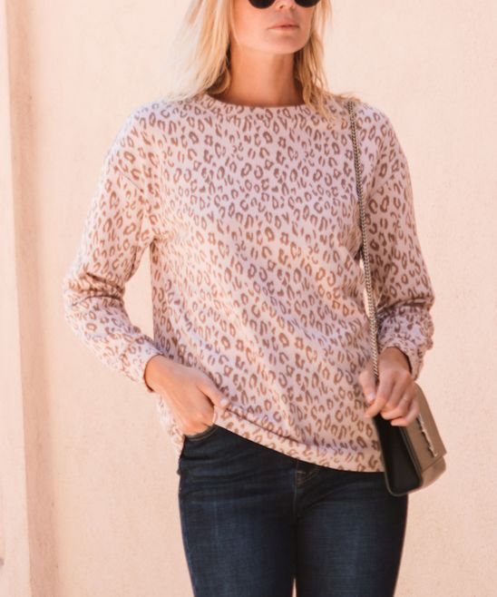 Amaryllis Women's Pullover Sweaters LEOPARD - Pink Leopard Crewneck Sweater - Plus | Zulily