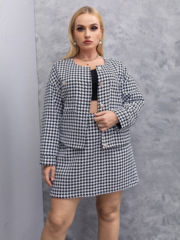 Plus Houndstooth Print Button Front Jacket & Skirt | SHEIN