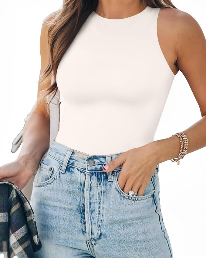 MANGOPOP Tank Top Body Suits Women Sexy Crew Neck Racerback Halter Ribbed Sleeveless Bodysuit for... | Amazon (US)