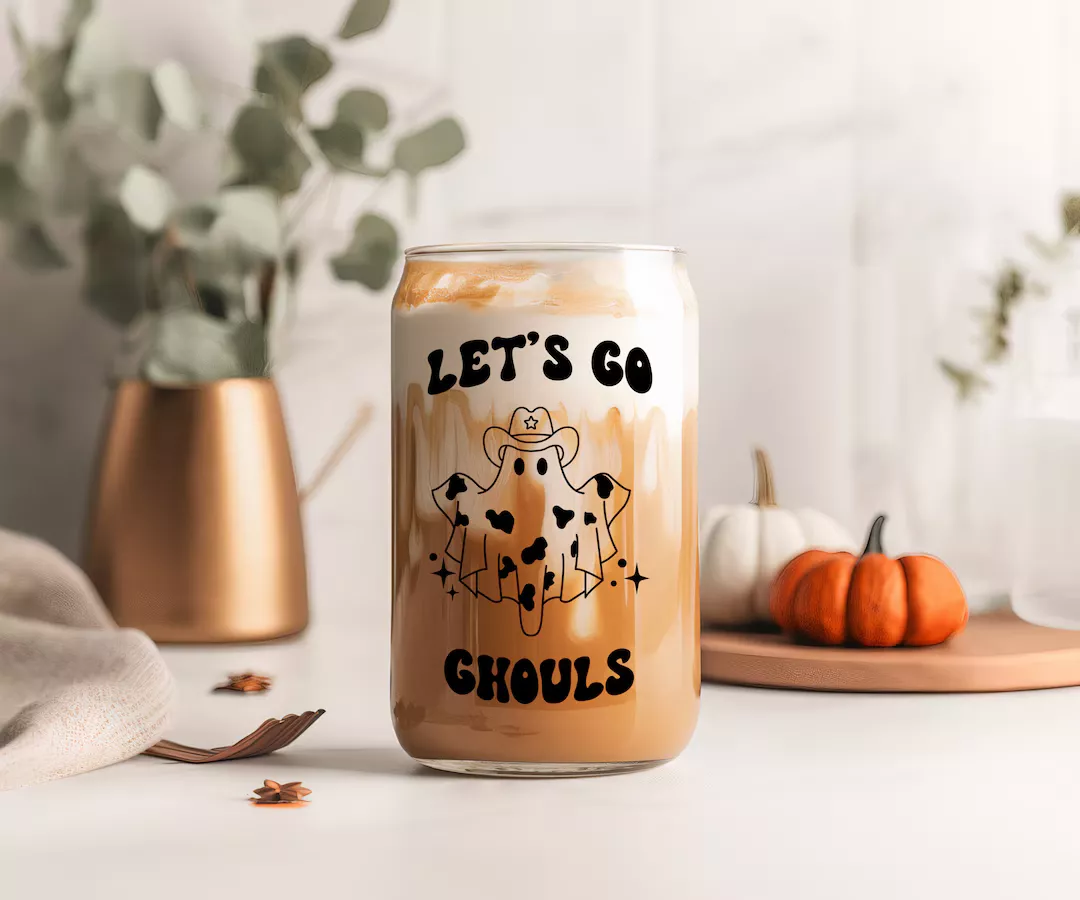 Lets Go Ghouls Ghost Halloween Glass Iced Coffee Cup With Bamboo