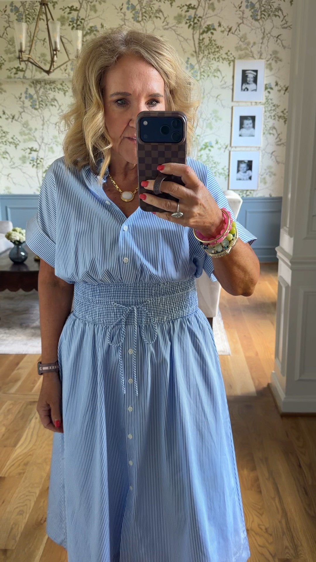 Dress size medium petite 
Yes the sandals are comfortable and have  some arch support 
20% off my bracelets code NANETTE20

Spring dress Mother’s Day dress 

#LTKootd #LTKMothersDay #LTKOver40