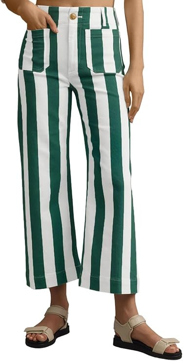 Womens Striped Jeans Wide Leg Trousers Casual High Waisted Stretchy Straight Leg Denim Pants with... | Amazon (US)
