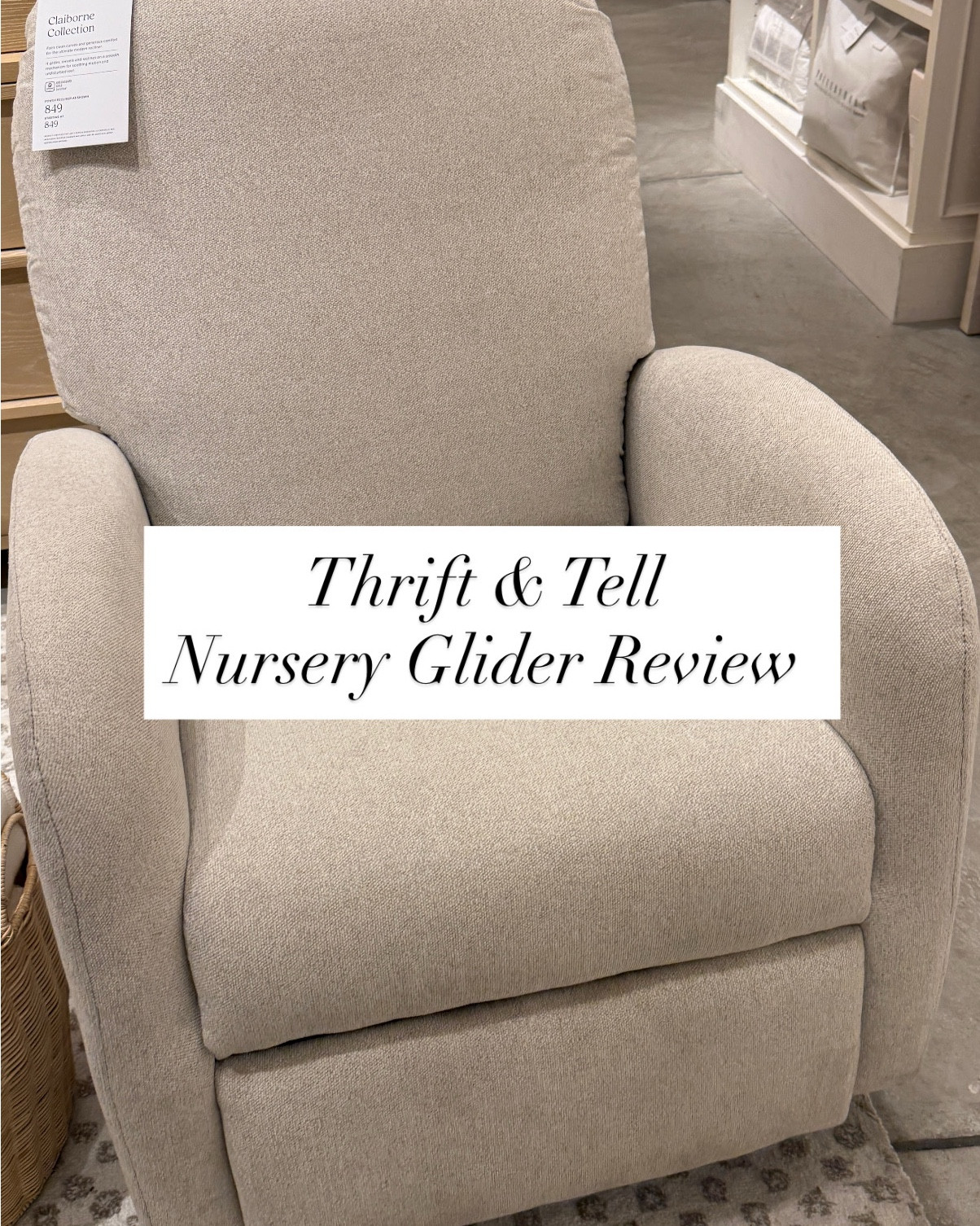 After envisioning reupholstering a vintage rocker chair for the nursery, I came to terms with the fact that comfort is most important. (My husband in particular was advocating for comfort over looks- he wanted a laz y boy!!) many friends had said it’s important to have a high back to rest your head which I had not considered when thinking about vintage chairs  I tested out several chairs and ultimately found the Lullaby to be SO comfortable. Is it the most beautiful? No. Absolutely not. But it will be great for the hours and hours we will be spending in it w Bebe. 

Claiborne- the most attractive/compact of the options. Comfortable but I wouldn’t say overly cozy 

Paxton Pillow Swivel Glider- cozy, but is quite wide so keep in mind if you have a small space 

Lullaby Swivel Glider- I got in the ecru performance feathered chenille. It is so cozy. I like that this actually has a down filled blend. 

Paxton Swivel Glider- definitely a better looking option but I think you sacrifice comfort/coziness. **it does come in a zero wall recliner that is great if you have a tight space because it reclines forward vs backwards. 

Comfort Swivel Glider- I did NOT get to sit in this one but a friend of mine has and she and her husband love.  

Dream Swivel Glider- this is similar to the lullaby. It’s arguably a hair more attractive but not as cozy. 

CBKIDS Piper Glider- this is also very cozy. It was definitely a contender. 

CB kids Leanne Ford Striped Glider- this was also a nice option.  

