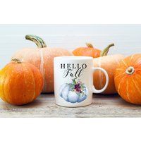 Hello Fall Blue Pumpkin With Flowers Coffee Mug, Autumn Mug | Etsy (US)