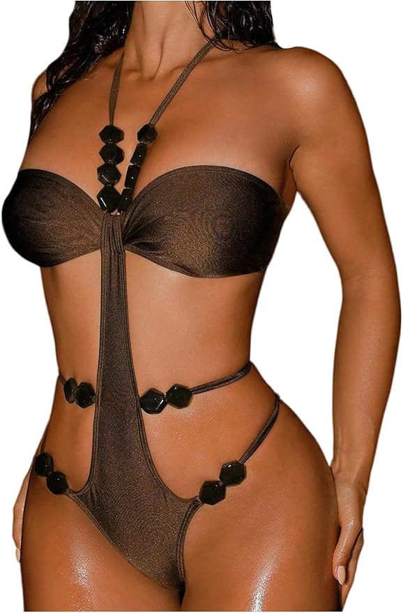 SweatyRocks Women's Cut Out One Piece Swimsuits Beaded Tie Backless Halter Bathing Suit Monokini | Amazon (US)