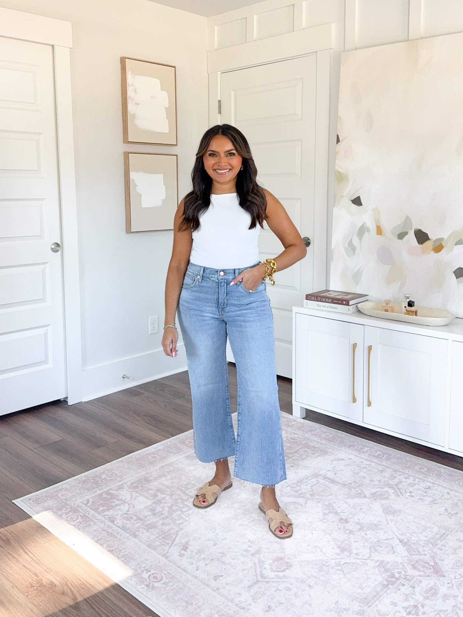 White tank size xs TTS
Spring storm wash wide leg crop jeans size 26 petite TTS
Tan sandals size 5.5 TTS


#LTKStyleTip #LTKPetite #LTKSaleAlert