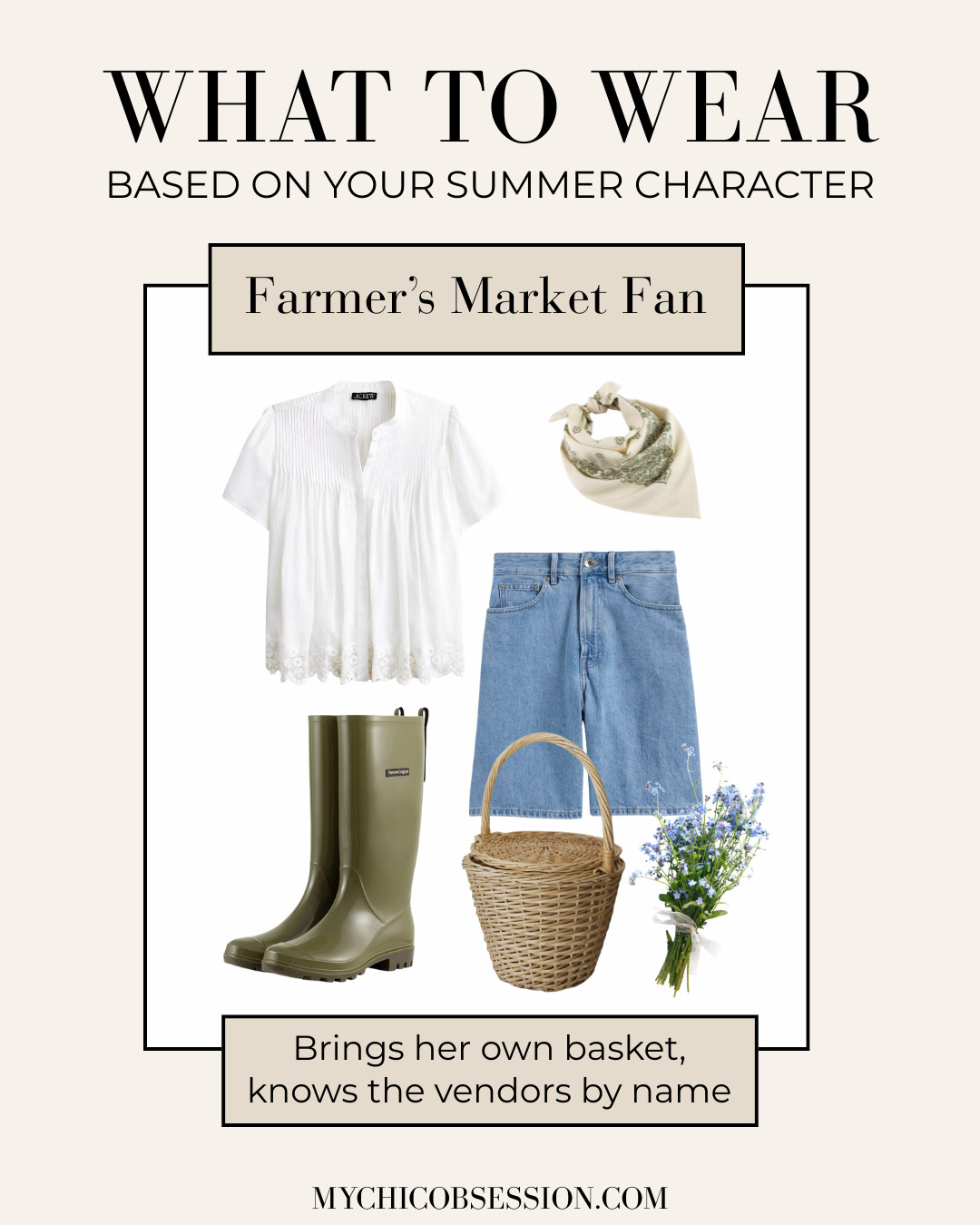 If the highlight of your summer weekends is heading to the farmer's market, this might just be your new favorite look. Pair classic denim shorts with a breezy white blouse, practical (and cute) rain boots, a straw basket for all of your farmer's market finds, and a floral bandana. 

 #LTKSeasonal #LTKStyleTip #LTKShoeCrush