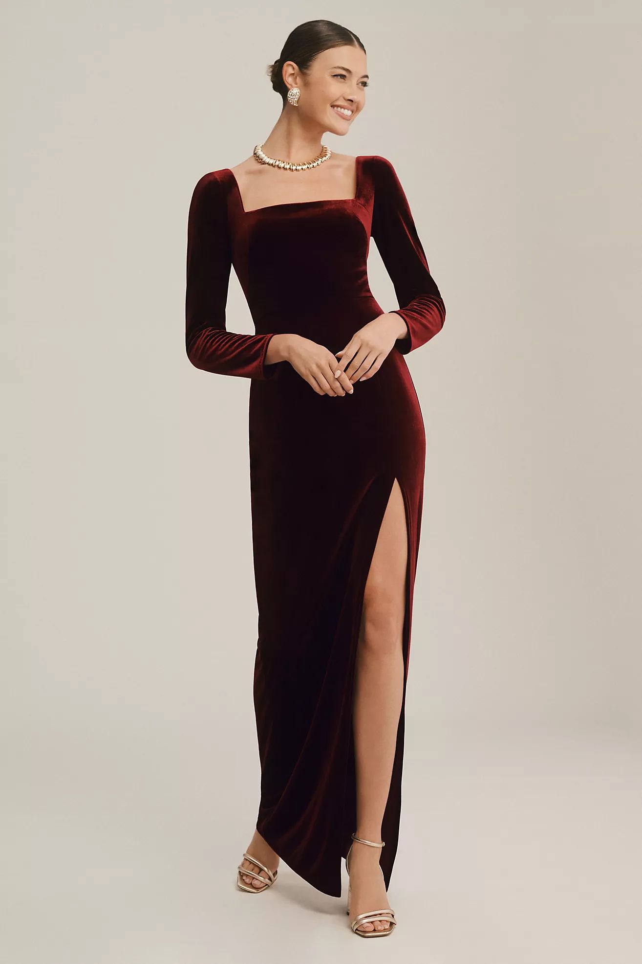 Jenny Yoo Rachel Square-Neck Long-Sleeve Side-Slit Stretch Velvet Gown | Anthropologie (US)