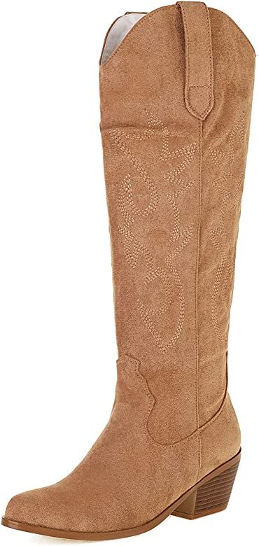 Erocalli Cowboy Boots for Women Embroidered Pull-On Chunky Stacked Heel Cowgirl Knee High Western Bo | Amazon (US)