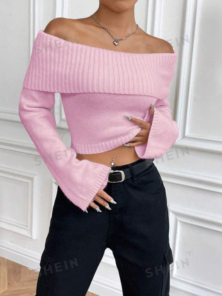 SHEIN EZwear Off-Shoulder Casual Basic Cropped Sweater | SHEIN