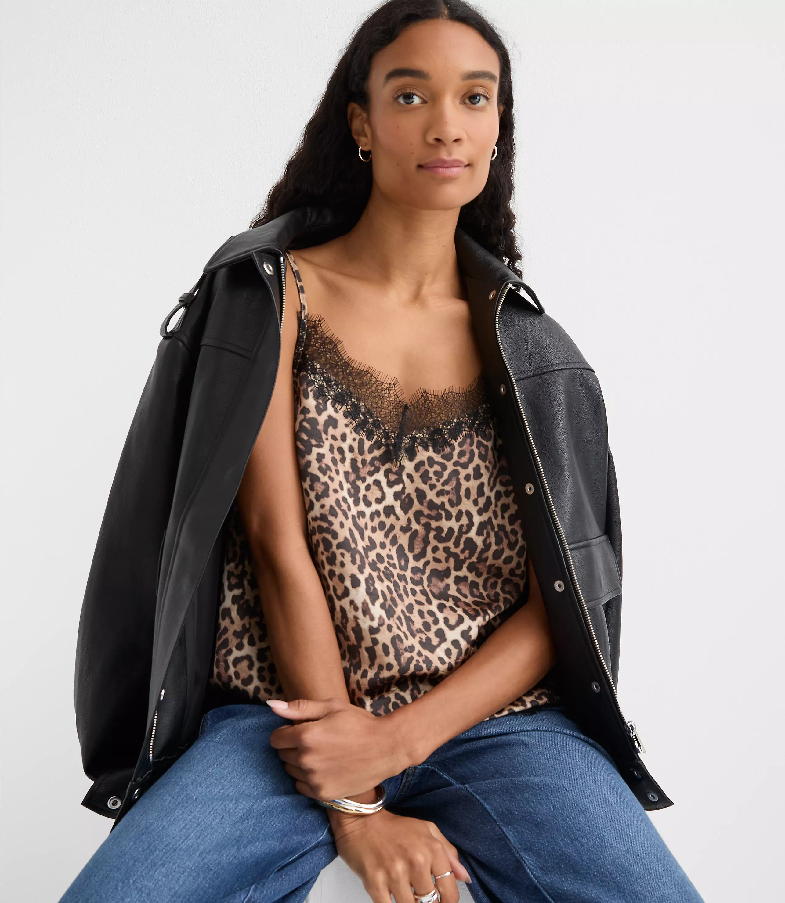 Leopard Print Lace Trim Satin Cami | LOFT
