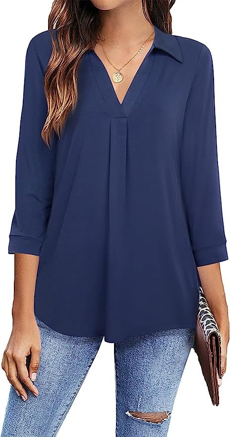 Timeson Women's V Neck Blouse 3/4 Sleeve Tunic Tops Ladies Work Shirts | Amazon (US)