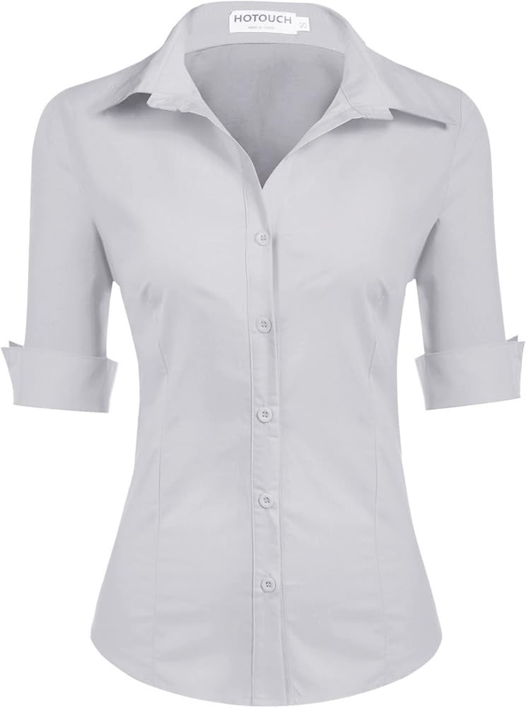 HOTOUCH Womens 3/4 Sleeve Button Down Shirt Slim Fit Work Blouses Cotton Dress Shirts Office Tops | Amazon (US)