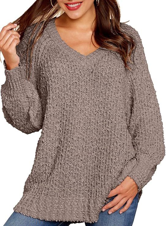 KIRUNDO 2022 Fall Winter Women's Fuzzy Popcorn Sweater V Neck Long Sleeves Loose Fit Sweatshirt S... | Amazon (US)