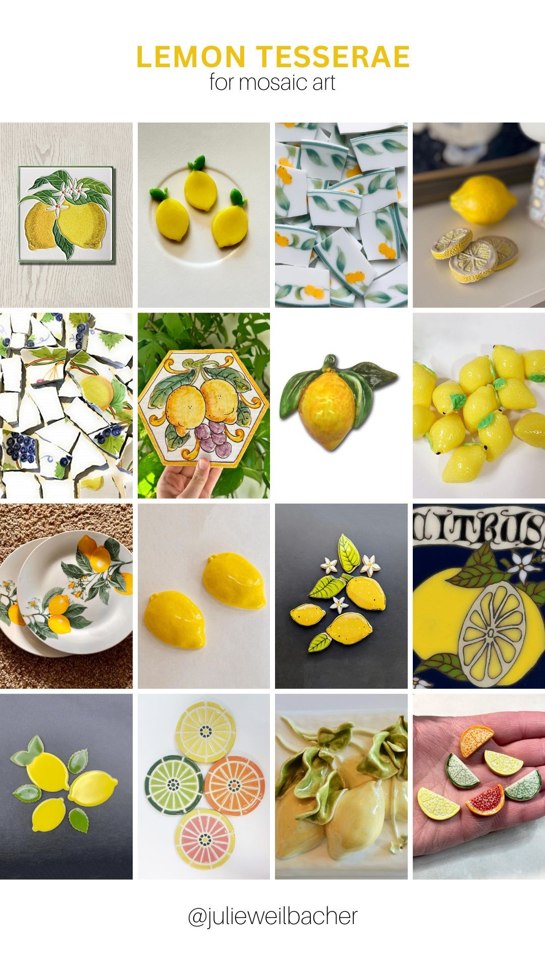 Lemon is having a moment! 🍋 Lemon is everywhere, so why not include it in your crafts, mosaic art, and home decor. 🍋 This collection features hand painted ceramic tiles, fused glass,  broken + unbroken dishes, handmade ceramic tile, and lampwork glass. 🍋 For mosaic tips, tutorials, inspiration, and so much more please visit my YouTube channel: YouTube.com/julieweilbacher. Follow @julieweilbacher on Instagram for all things mosaic art. lemon - mosaic - decorative tile - lemon wall art - lemon tile - mosaic art - glass lemon - ceramic lemon - lemon plates - lemon dishes - tile crafts - lemon lover

#LTKFindsUnder100 #LTKHome