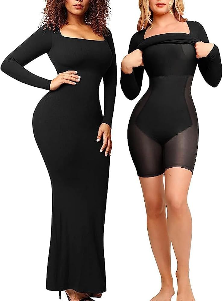 Popilush Long Sleeve Bodycon Maxi Dress Square Neck Bodysuit Tummy Control 8 in 1 Shapewear Dress... | Amazon (US)