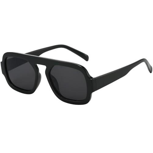 MUNSADE Trendy Square Aviator Sunglasses for Women Flat Top Designer Stylish Frame Sun Glasses Vintage Shades (Black Frame/Grey Lens) | Amazon (US)