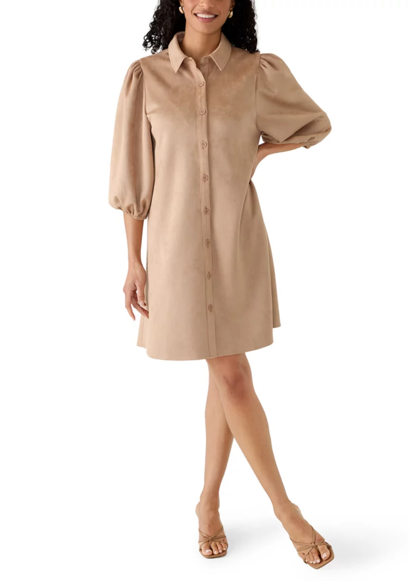 Women's 3/4 Puff Sleeve Button Front A-Line Vegan Suede DRess | Belk