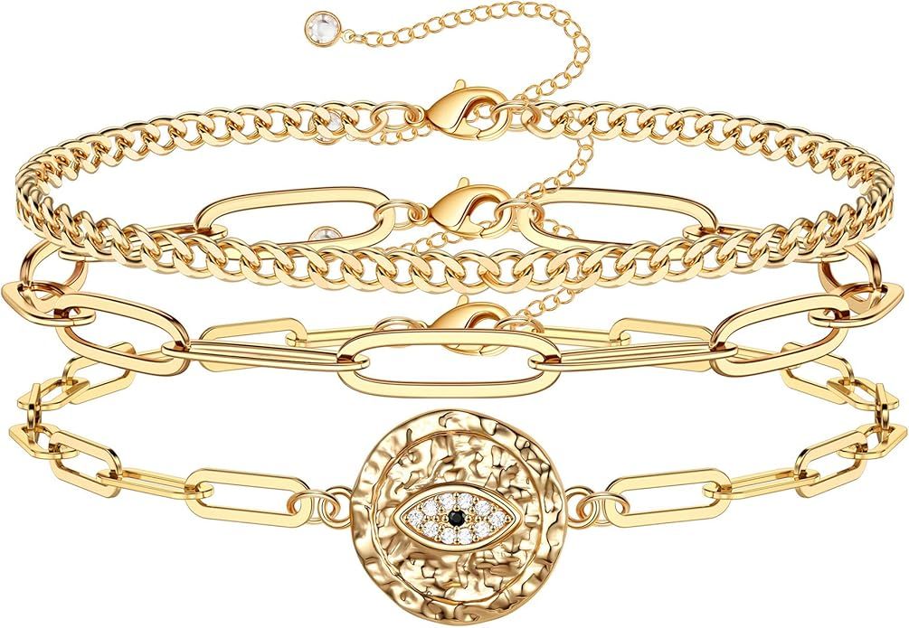 Hidepoo Dainty Layered Evil Eye Bracelets for Women, 14K Gold Filled Adjustable Bead Layering Bra... | Amazon (US)