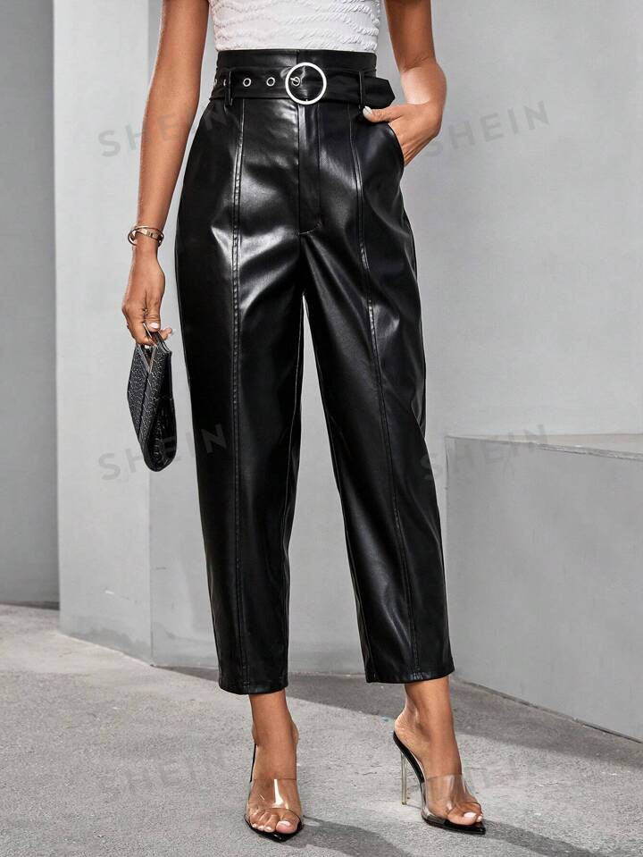 SHEIN Clasi Women'S Pu Cone Pants With Belt | SHEIN