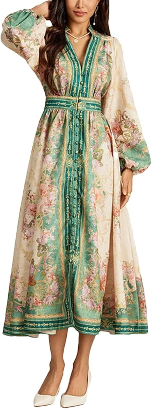 Womens Print V Neck Long Dresses Spring Single Breasted Vacation Long Dress Fall High Waist Knee ... | Amazon (US)