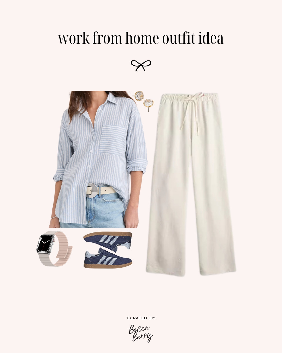 Coastal-inspired work from home outfit.

Midsize outfit features includes:
Loft striped oversized shirt
Kohl's SO wide leg pants
Adidas sneakers

Accessories:
Kate Spade stud earrings
Magnetic Apple Watch band 

 #LTKgrwm #LTKootd #LTKWorkwear