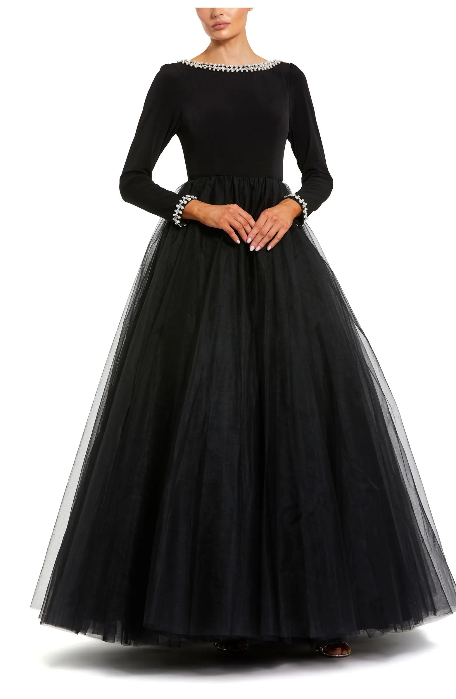 Mac Duggal Embellished Jersey Long Sleeve Ballgown With Tulle Skirt | Nordstrom | Nordstrom