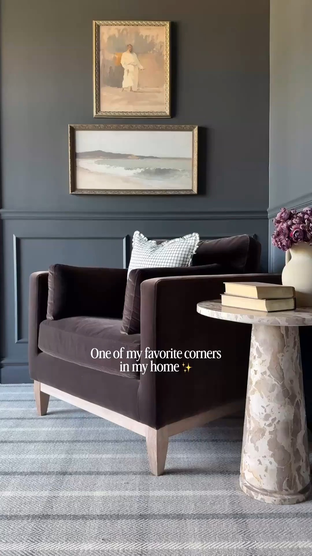 One of my favorite corners in our home. This velvet brown arm chair, marble pedestal table, affordable vintage framed artwork, and the layered details make it stunning and cozy.

Den, office, study, home decor, home styling, interior design, interior styling

#LTKHome #LTKdayinmylife #LTKOver40