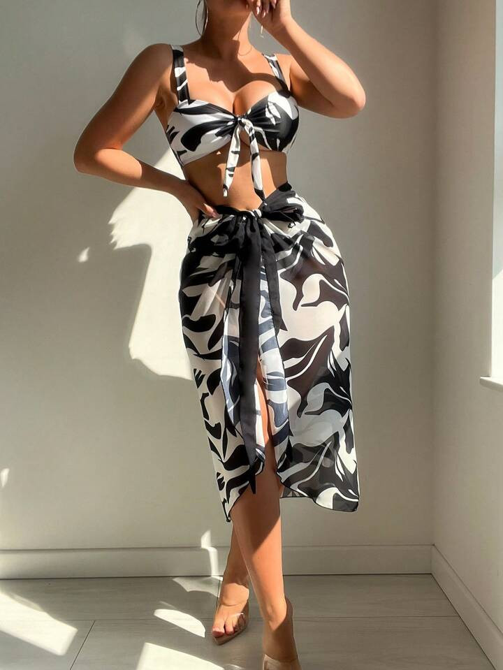 SHEIN Swim Oasis 3pcs/Set Women's Summer Beach Geometric Print Tie Front Sexy Bikini Swimwear Set... | SHEIN