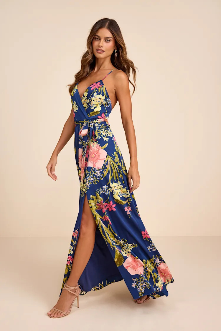Still the One Blue Floral Print Satin Maxi Dress | Lulus