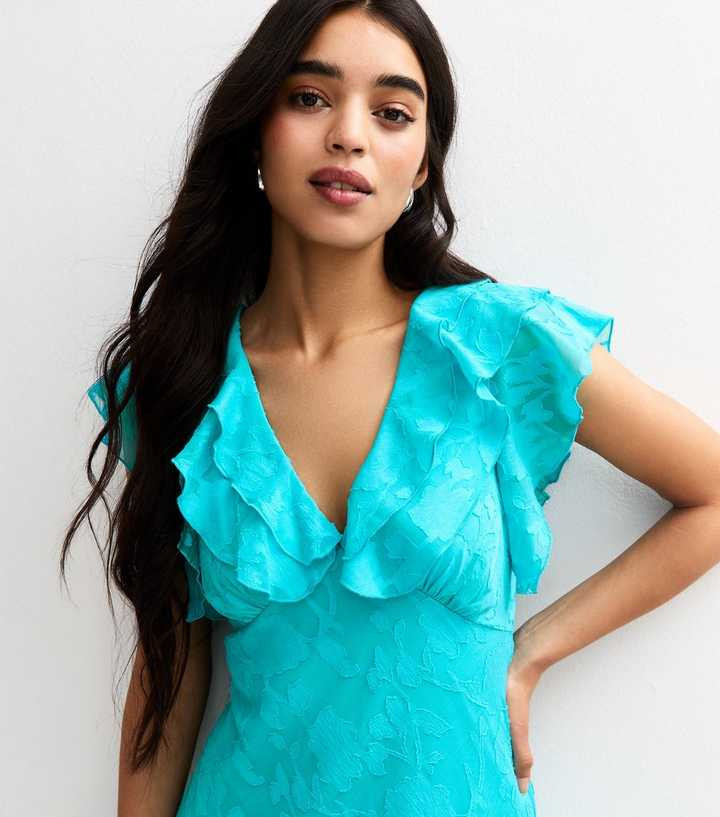 Turquoise Devore Ruffled Midi Dress | New Look | New Look (UK)
