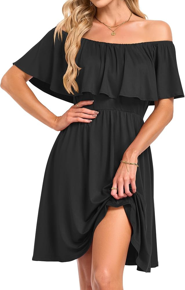 AUSELILY Womens Off The Shoulder Summer Dress Casual Ruffle Floral Sundress | Amazon (US)