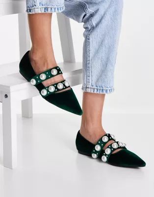 ASOS DESIGN Livia faux pearl studded ballets flats in green velvet | ASOS | ASOS (Global)