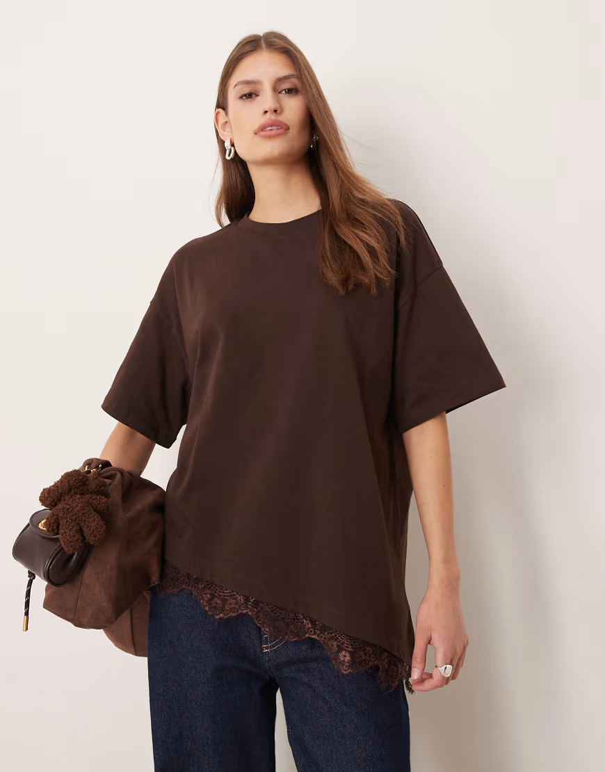ASOS DESIGN asymmetric oversized tee with lace trim detail in chocolate-Brown | ASOS (Global)