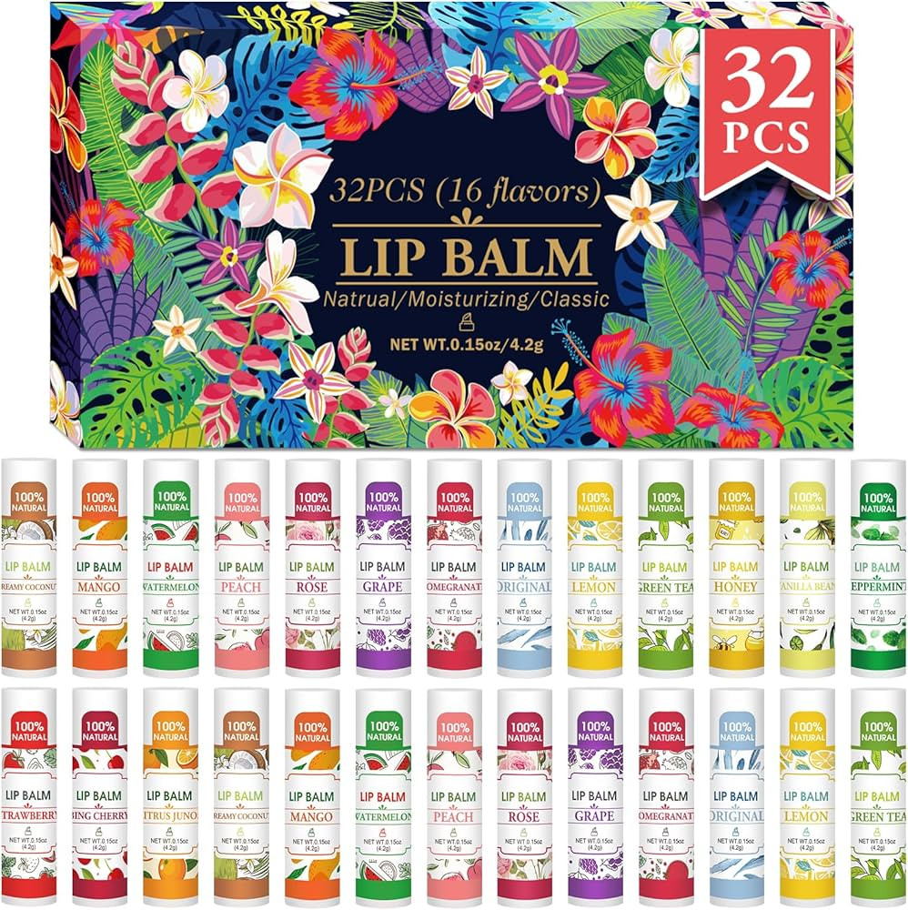 32 Pack Lip Balm, Natural Lip Balm Bulk with Vitamin E and Coconut Oil, Moisturizing Lip Balms fo... | Amazon (US)