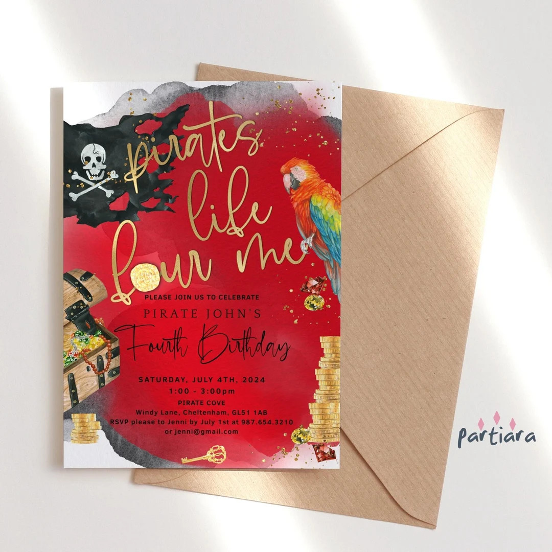 Pirate 4th Birthday Invite Printable Pirates Life Four Me - Etsy UK | Etsy (UK)
