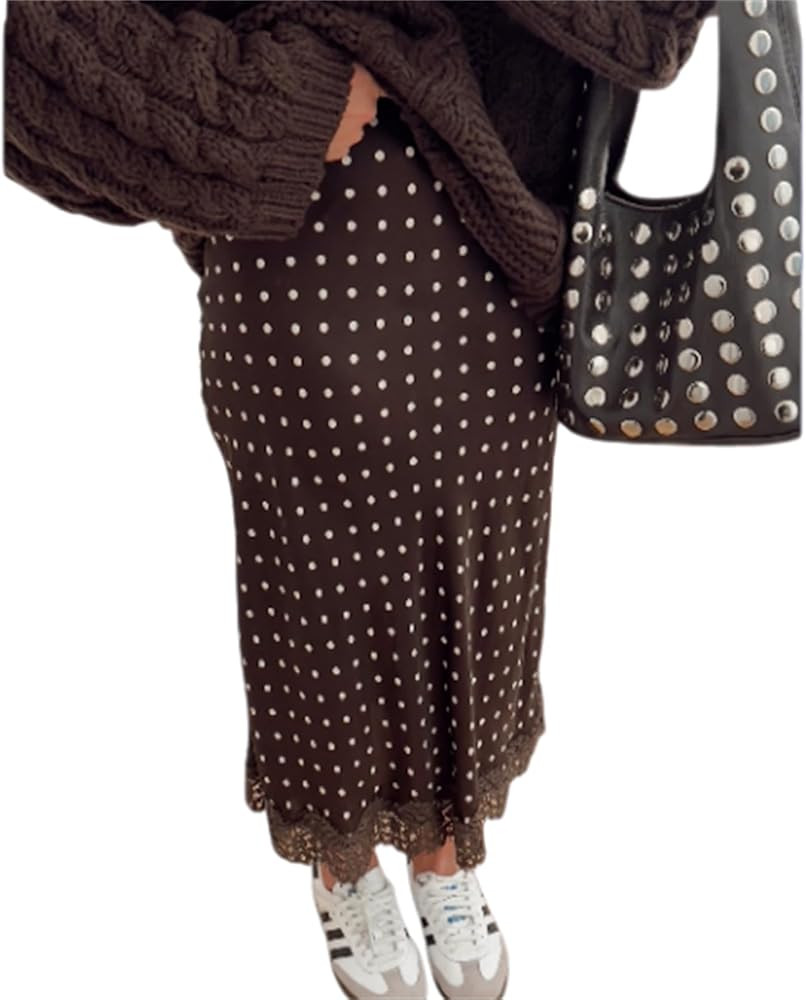 Women Polka Dots Lace Satin Maxi Skirt Lace Trim Silk Half Slip Skirt Stylish Long Underskirt Par... | Amazon (US)